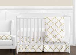 The set includes a throw pillow, dust ruffle, crib sheet, and a comforter. White And Gold Trellis Baby Girl Bedding 11pc Crib Set Only 56 01