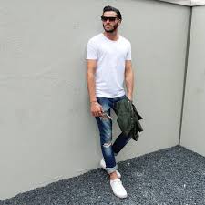 7 Ways To Wear Your Basic White T Shirt Like A Fashion Blogger White Jeans Men Mens Fashion White Mens Fashion Casual Outfits