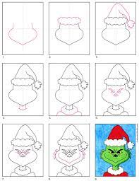 Draw the floppy hat and fuzzy ball. How To Draw The Grinch Art Projects For Kids