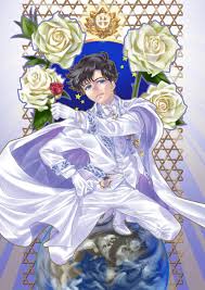 katt sun, chiba mamoru, bishoujo senshi sailor moon, white footwear,  absurdres, highres, black hair, bow, bowtie, cape, earth (planet), endymion  (sailor moon), flower, formal clothes, full body, gloves, gold, holding,  holding flower,