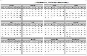 Hier finden sie eine übersicht der gesetzlichen feiertage 2021 und 2022 in deutschland. Kostenlos Druckbar Jahreskalender 2021 Baden Wurttemberg Kalender Zum Ausdrucken The Beste Kalender