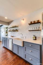 Gray Cabinets Open Shelving Farmhouse Kitchen Kitchendesign Farmhouse Remodelling Kitchen Interior Home Kitchens Kitchen Design