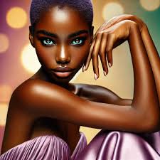 O/P Maureen Dove ♥️ Tweaked FULL BODY VIEW IMAGE . 4k glossy oil with water  colour of a beautiful African American model , posing barefeet with green  eyes striking pose. .Her hair