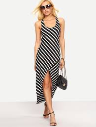 Crisscross Back High Low Black White Striped Dress