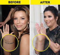 Her tattoos have been placed on the shoulder blade, upper arm, lower arm, neck, back, thigh, waist, lower back, lower abdomen and tramp stamp. 10 Celebrities Who Decided To Get Rid Of Their Tattoos Some Of Them Are Really