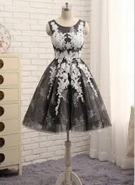 Black Tulle With White Lace Round Neckline Knee Length Homecoming Dresses Cute Part Black Lace Prom Dress Vintage Homecoming Dresses Modest Homecoming Dresses