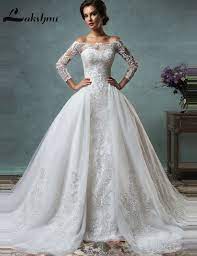 Elegant Long Sleeve Detachable Wedding Dresses Off Shoulder Lace With Removable Skirt Wedding Dresses Princess Wedding Gown 2016 Wedding Dresses