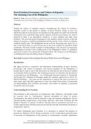 It has various advantages and disadvantages that affects the environment and the lives of every human being in the philippines. Pdf Press Freedom Governance And Culture Of Impunity The Alarming Case Of The Philippines