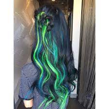 Neon Blue And Green Hair In Black Hair Black Hair With Highlights Neon Green Hair Medium Hair Styles For Women