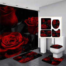Red shower curtain and rug set. Buy 4pcs Red Rose Shower Curtain Sets With Rugs Toilet Lid Cover And Bath Mat Waterproof Polyester Fabric Shower Curtain With 12 Hooks Three Red Rose Bathroom Decor With Shower Curtain 70 8x70 8 Online