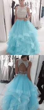Sparkly Sequins Beaded Organza Layered Ball Gowns Prom Dresses Two Piece Blue Prom Gown Prom Dresses Blue Prom Dresses For Teens