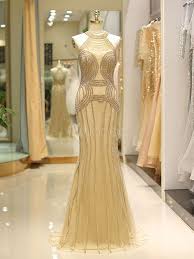 Luxury Evening Dresses Heavy Beaded Light Gold Halter Mermaid Formal Gowns With Train Gold Evening Dresses Tulle Evening Dress Evening Gowns