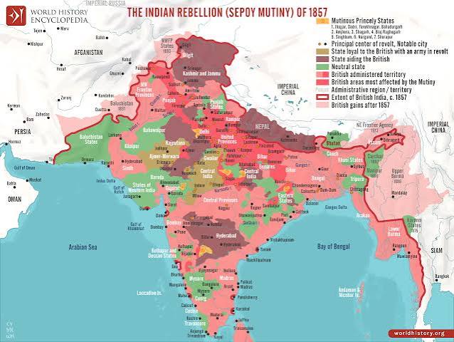 Map of the Indian Rebellion (Sepoy Mutiny) of 1857 - World History Encyclopedia