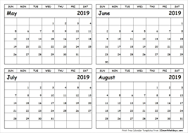 Print May To August 2019 Calendar Template 4 Month Calendar With 2019 Calendar May June July August September Calendar August Calendar Calendar Printables
