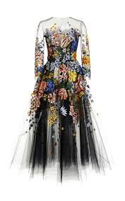 Floral Embroidered Tulle Midi Dress By Oscar De La Renta Moda Operandi In 2020 Embroidered Cocktail Dress Dresses Cotton Blends Dress