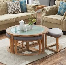 O K Furniture Round Coffee Table With 4 Nesting Stools Cocktail Height Coffee Table With Frosted Glas Coffee Table Round Coffee Table Rustic Coffee Table Sets