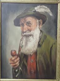 Feines Ölgemälde Leinwand im Goldstuckrahmen, Motiv: Waldbauer mit  Tabakspfeife