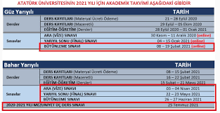 Yayınlanan akademik takvimde yeni kayıt olacak öğrencilerin kayıt tarihleri, kayıt yenileme ve ders seçimi tarihleri, güz ve bahar yarıyılı sınav tarihleri gibi bilgilere yer verildi. Ata Aof Vize Final Ve Butunleme Sinav Takvimi 2021