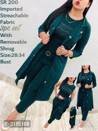 Women S Knee Length Green Blended Dress 3 Piece Dress Fashion Kurti Designs Party Wear Plaid Coat Outfit