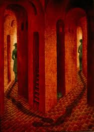 Remedios Varo - La Despedida, 1958, En esta obra Varo retrata a unos  amantes, que se han separado y desaparecen en direcciones opuestas por  distintos pasillos. Las sombras se personifican, y adquieren