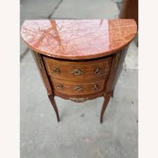 Slim entryway home accent table with antique finish. Antique 1920s Half Moon Inlaid Marble Top Table Aptdeco