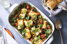 Baked Halloumi And Chickpeas Halloumi Recipes Tesco Real Food Recipe Baked Halloumi Vegetarian Recipes Easy Vegetarian Recipes