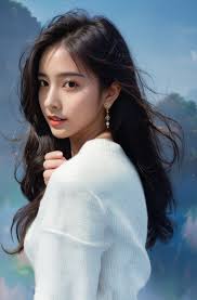 a stunning girl, solo, long hair, looking at viewer, shirt, black hair,  long sleeves, brown eyes, jewelry, white shirt, upper body, earrings,  outdoors, parted lips, sky, day, sweater, blue sky, lips, realistic #