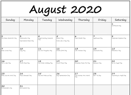 August 2020 Calendar With Holidays Calendar Template Excel Calendar Printable Calendar Template