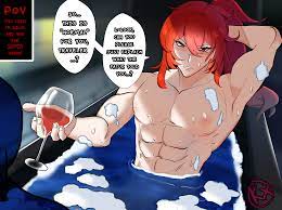 1boy armpits bath bathing diluc (genshin impact) english  commentary english text gay genshin impact holding glass horny looking at  viewer male only muscles mysterykx ponytail pov red hair speech