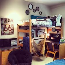 Lofted Dorm Bed With Hammock Chair And Lounge Chair Lofted Dorm Beds Dorm Room Decor Dorm Room Inspiration