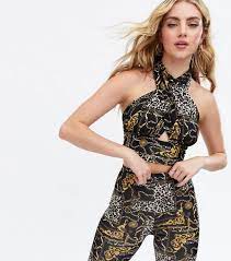 Black Leopard Print Chain Halter Crop Top New Look