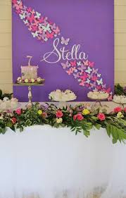 Your party supplies (cups, plates, napkins, balloons, etc.) could resemble the colors of a butterfly, such as blue, purple, yellow, and pink. Butterflies Birthday Party Ideas Photo 1 Of 23 Butterfly Birthday Party Butterfly Birthday Party Decorations Butterfly Birthday Theme