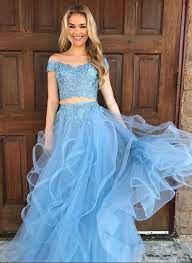 Delicate Two Piece Light Sky Blue Prom Dresses Off Shoulder Appliques Lace Tulle Floor Length Graduati Tiered Prom Dress Gorgeous Prom Dresses Piece Prom Dress