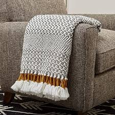 Free shipping on prime eligible orders. Amazon Com Amazon Brand Rivet Modern Hand Woven Stripe Fringe Throw Blanket 50 X 60 Grey And White With Mustard Yellow Home Kitchen