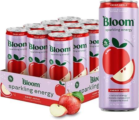 Amazon.com: Bloom Nutrition Zero Sugar Energy Drink, Apple Crisp, 12oz 12pk  | 180mg natural caffeine with prebiotics, green tea extract & lychee for  energy, focus and feel-good refreshment.