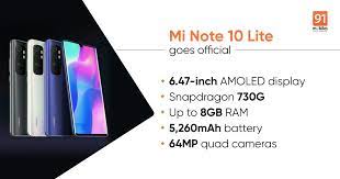 Jun 21, 2021 · but unlike the redmi k30 4g, this smartphone debuted with miui 12 out of the box. Xiaomi Mi Note 10 Lite With 64mp Quad Rear Cameras And 5 260mah Battery Launched Price Specifications 91mobiles Com