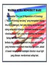 Berdasarkan the law of repeatition of cronology. Warna Aura Mengikut Hari
