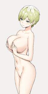 covering nipples, completely nude, bangs, eyebrows visible through hair,  blue eyes - Anime R34