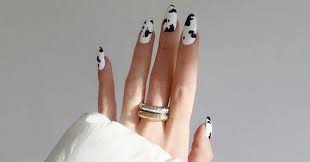 Black And White Cow Print Acrylic Nails Cow Print Fake Nails Animal Print Nails Black And White Nails Cow Print Press On Nails Trending Nails Cow Nails Spring Nail Trends Kendall Jenner Nails