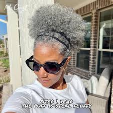 Updating the puff which I love the most!, Always wear it and start my  summer!, @orbit_stephanie , The band makes the high light!, Hair info-#51  coily puff, #linkinbio , #greyhair #greyhaircolor ...