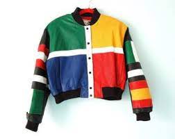 Vintage Cropped Color Block Leather Jacket In Living Color M Cropped Leather Jacket Leather Jacket Color Block