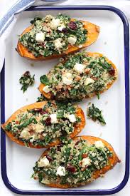 Roasted Sweet Potatoes Stuffed With Quinoa And Spinach Green Valley Kitchen Recipe Stuffed Sweet Potato Healthy Roasted Sweet Potatoes Healthy Recipes