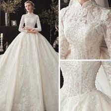 Estilo Chino Musulman Champan De Encaje Vestidos De Novia 2020 Ball Gown Cuello Alto Manga Larga Apliques Con Encaje Rebordear Perla Chapel Train Ruffle Wedding Dresses Lace Wedding Dress Long Sleeve