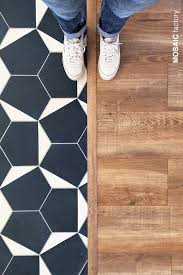 Wooden Flooring Flooring Beautiful Floor Transition With Blue And White Hexagon Beautiful Blue Floor F In 2020 Hallway Flooring Flooring Patterned Floor Tiles