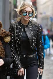 Leather Jacket Worn By Gigi Hadid With Silver Studded Worked Women S Leather Fashion Style Clothes