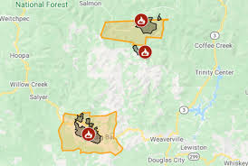 Orange circles have burned in the past 12 to 24 hours, and yellow circles have burned. Map Monument Antelope And Mcfarland Fire Evacuations Aug 10