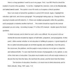 Format for apa block quotes introduce the quotation if there is a quotation within the block quotation, put it in double quotation marks most long quotes you'll need to cite will be from print sources. Apa Long Quote Example Paper