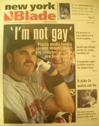 In the center of the photo, a light shines on piazza, his coiffed hair dyed blonde. Mets Catcher Mike Piazza Denies Gay Rumors At Press Conference May 22 2002 Zeitgayst