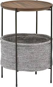 Amazon Com Rivet Round Storage Basket Side Table Meeks Walnut And Grey Fabric Kitchen Dining Round Storage Storage Baskets Fabric Storage Baskets