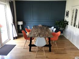Farrow Ball Stiffkey Blue On The Panelled Wall Ikea Skogsta Dining Table With Green Gladom Tray Tabl Ikea Dining Table White Dining Chairs White Eames Chair